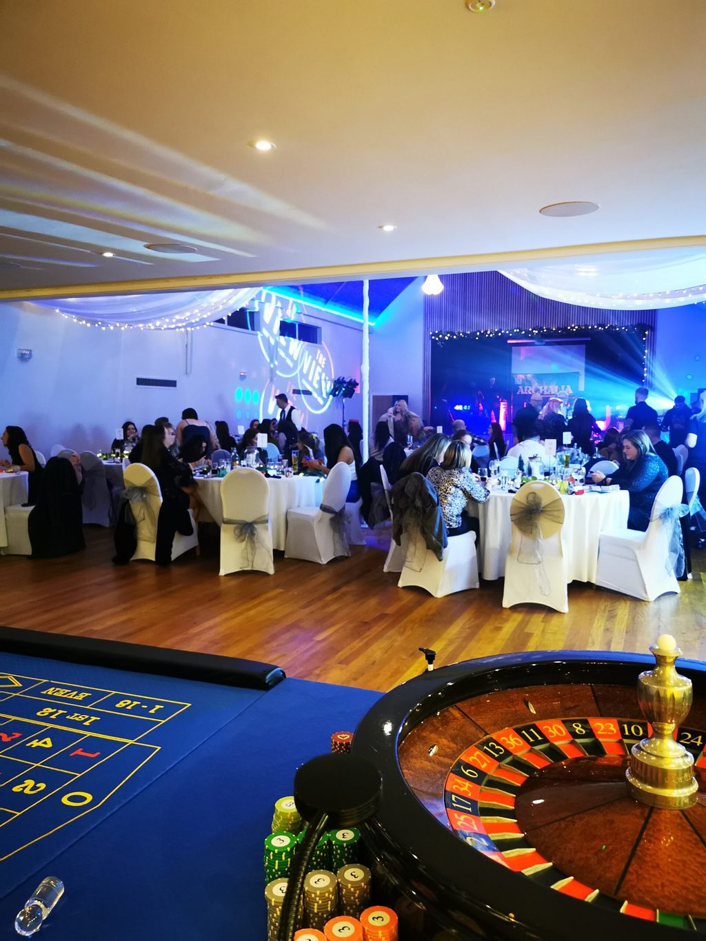 Roulette table set up in a wedding reception room