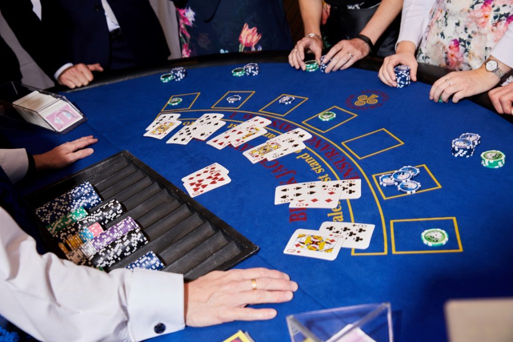 Close-up of a blackjack game with chips on the table