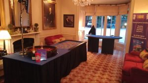Roulette and blackjack tables set up in an elegant lounge