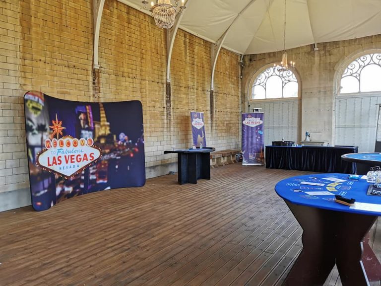 Las Vegas backdrop and casino tables in an orangery venue