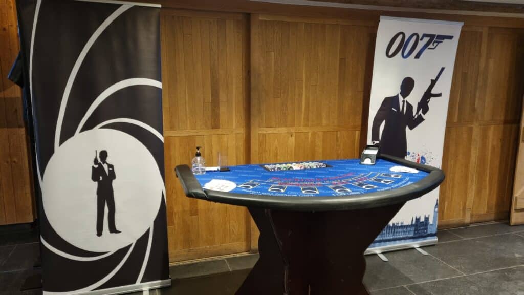 Blackjack table with James Bon Theming either side.