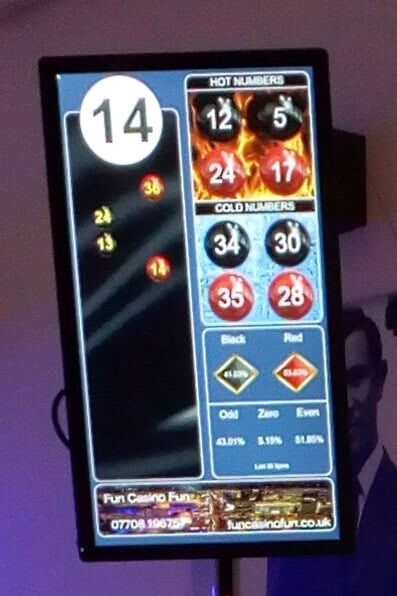 Fun Casino Fun live roulette display showing hot and cold numbers and the last spins
